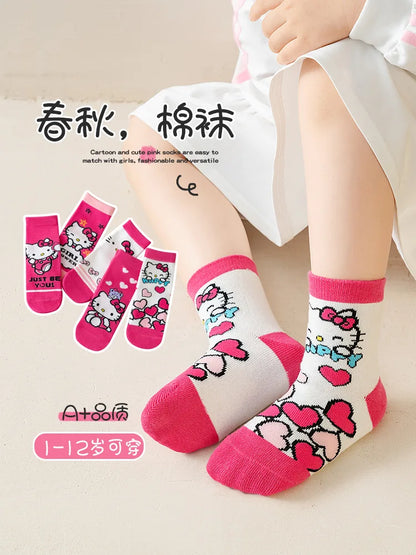 5 Pairs Sanrio Hello kitty Kids Socks Kawaii New Fall Cartoon Children mid-calf socks Cotton Sock for Girls Gifts