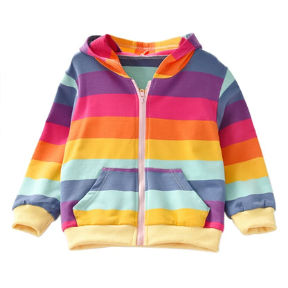 Autumn Baby Girl Outerwear Girls Rainbow Striped Casual Hoodie Zipper Sweatshirt Children Coat Cardigan