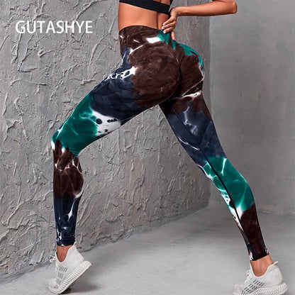 Gutashye Tie Dye Sport Leggings Women Gym Yoga Seamless Pants Sportswear Clothes Stretchy Hip Fitness Legging Activewear