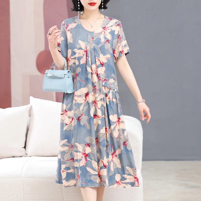 Summer Dresses O-neck Print Long Dress Short Sleeve Women Long Dresses Bohemian cotton style Loose Dresses Women Clothing