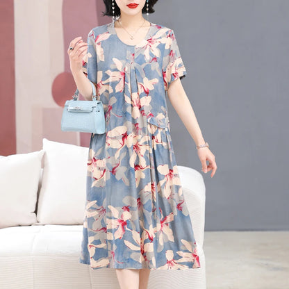 Summer Dresses O-neck Print Long Dress Short Sleeve Women Long Dresses Bohemian cotton style Loose Dresses Women Clothing