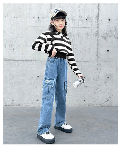 Teenager Girls Wide Leg Cargo Jeans School Young Children Trousers Spring Autumn New Fashion Kids Denim Pants 6 8 10 12 14 Years