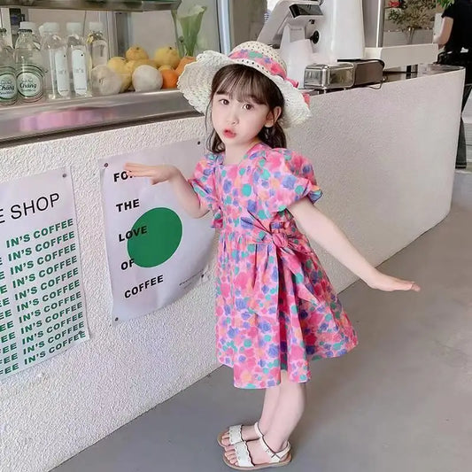 Girls' Dress Sweet Baby Korea Elegant Square Neck Backless Summer Short Sleeve Loose Full Colorful Dot 2024 New Princess Dresses