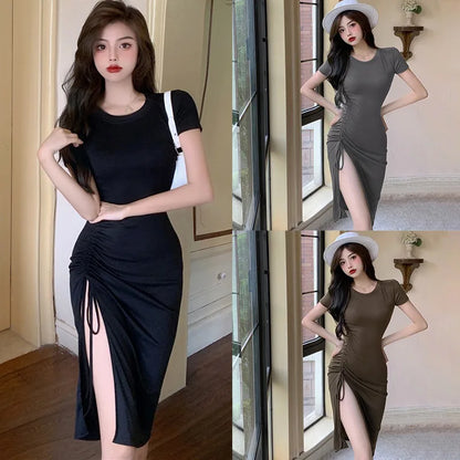 Women's Wrap Hip Dress Summer Drawstring Ruched Short Sleeve Slit Hem Bodycon Dress