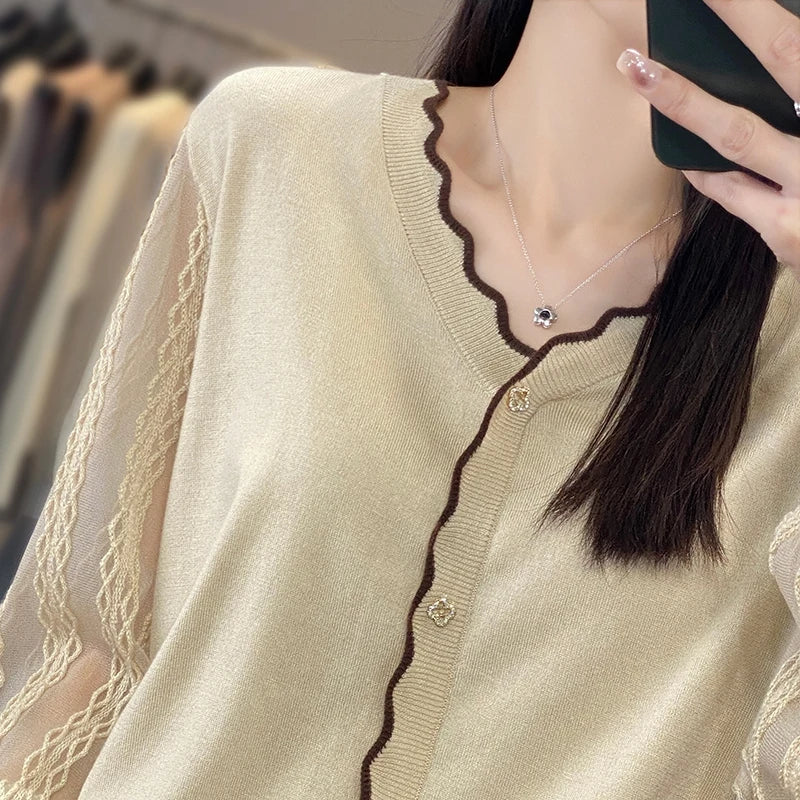 Spring Summer Women 100% Soft Wool Organdy Sweater V-neck Lantern Sleeve Lace Hollow Out Pullover Casual Knit Bottoming Tops