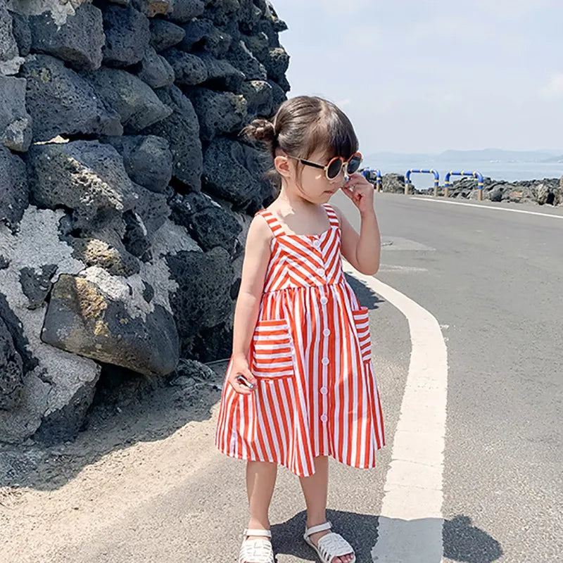 Summer Baby Kids Girl’s Slip Dress Sleeveless Square Collar Striped Ruffled A-line Dress for Casual Daily