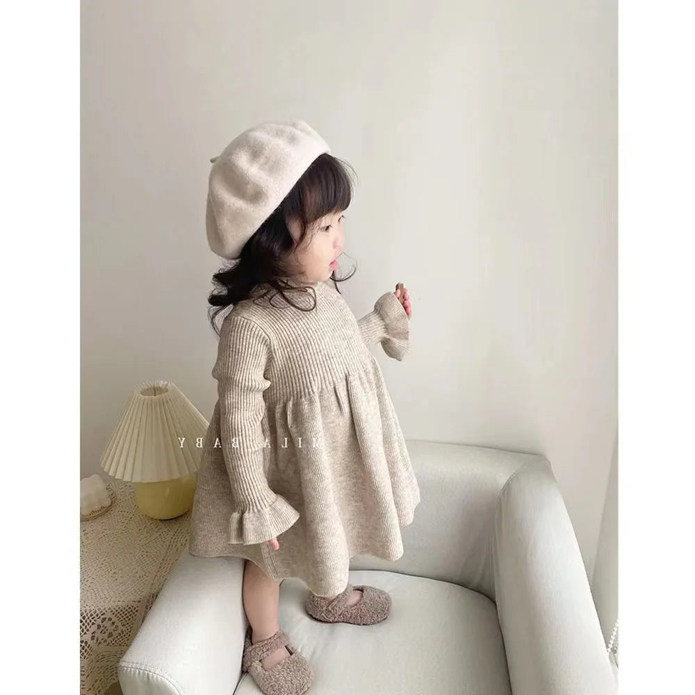 Girls Casual Dresses Children Clothing Woolen Yarn Skirt Girls Winter New Knitting Long Sleeved Korean Baby Underlay