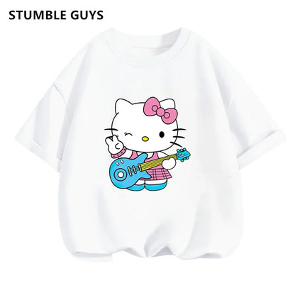 New 3-14 Years Children Short Sleeves T-shirt Cartoon Hello Kitty Tshirt Girls Tops Kids Baby Boys Clothes Men Women Tshirt Set