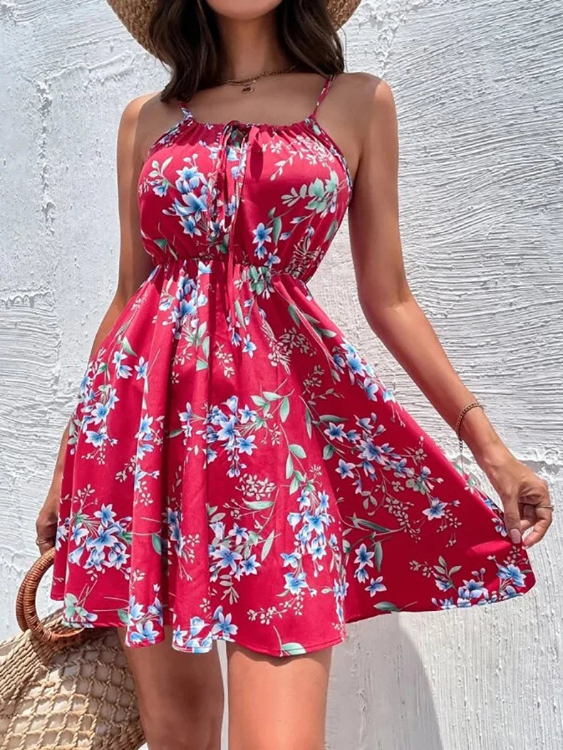 European and American New 2023 Summer Elegant Sleeveless Dress Pullover Print Elastic Waist Strap Short Skirt for Women