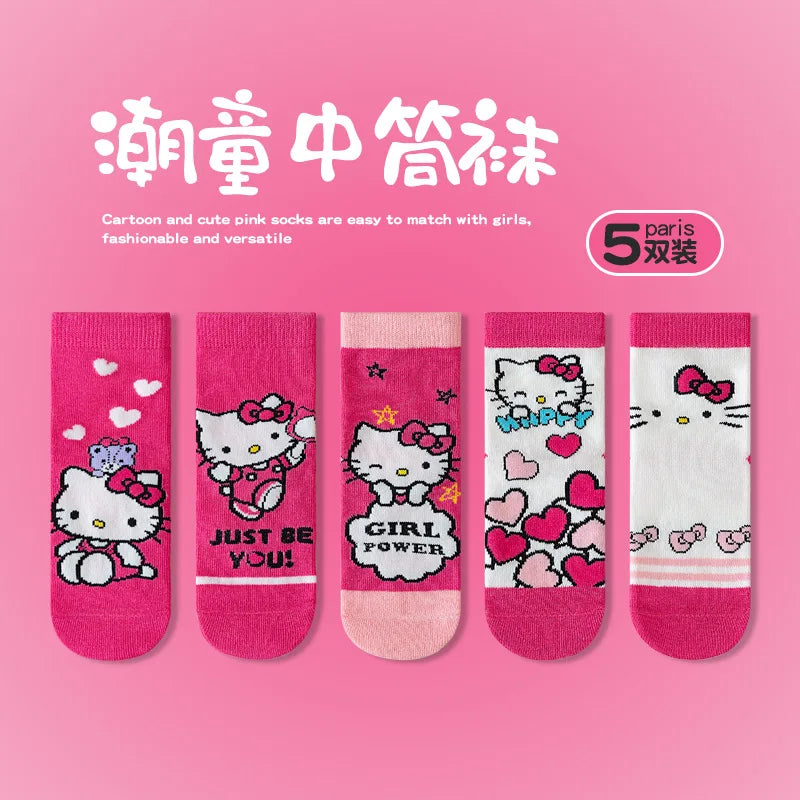 5 Pairs Sanrio Hello kitty Kids Socks Kawaii New Fall Cartoon Children mid-calf socks Cotton Sock for Girls Gifts