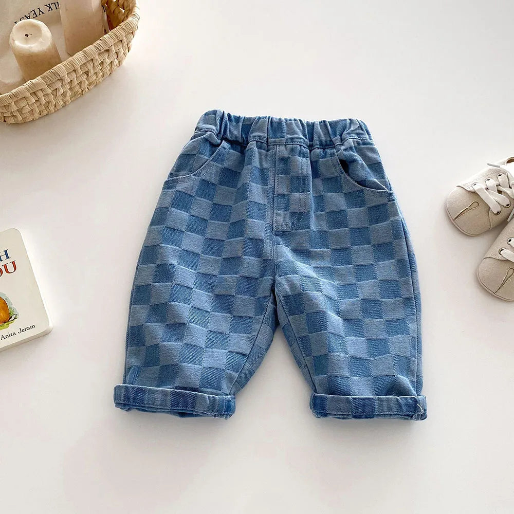 Children's Jeans 1-5Y New 2024 Autumn Boys Plaid Denim Pants Loose Style Mid Waist Girls Checkerboard Trousers