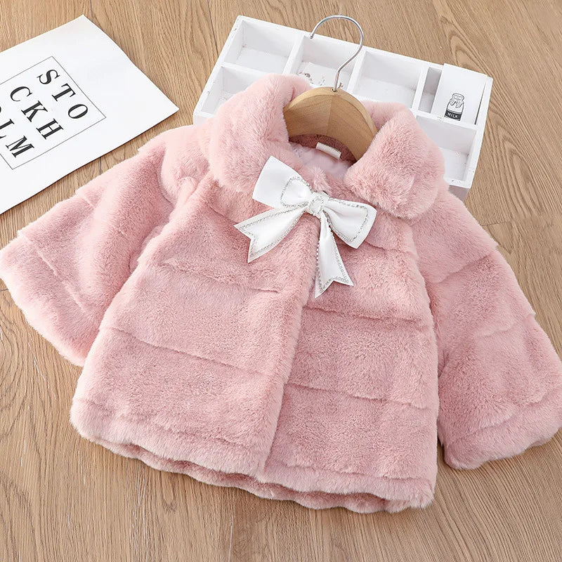 2024 New Autumn Winter Warm Faux Fur Coat For Girls Jacket Baby Snowsuit Sweet Christmas Princess Outwear 1-5 Years Kids Clothes