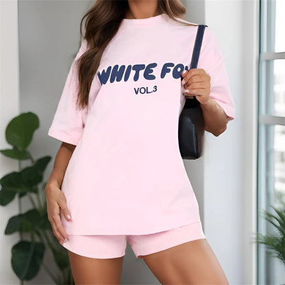 Summer Printed Letter Retro Women Short Pants Ladies Chic Drawstring Solid T-shirt Pullovers Aesthetic 2 Piece Oversized Outfits