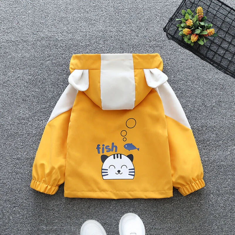 Spring and Autumn 2024 Girls and Children's Leisure Cat Fishing Long sleeved Hooded Coat Zipper Shirt Children's Clothing