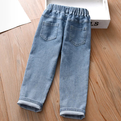 Girls Cartoon Embroidery Jeans 2023 Fashion Autumn New Baby Kids Casual Elastic Waist Pockets Denim Pant Cotton Children's Pants