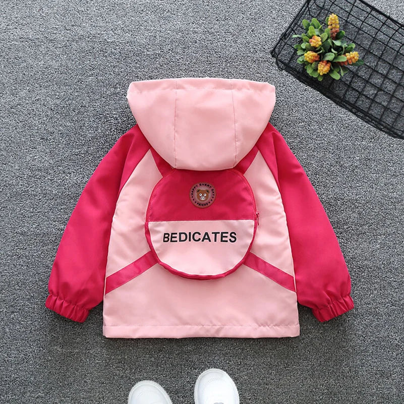 Spring and Autumn 2024 Girls and Children's Leisure Splicing Bag Long sleeved Hooded Zipper Coat Children's Clothing 1-8 Years