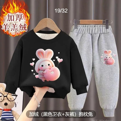 Girl's internet celebrity new little bunny stylish plush thickened hoodie two-piece set for girls and babies fashionable winter