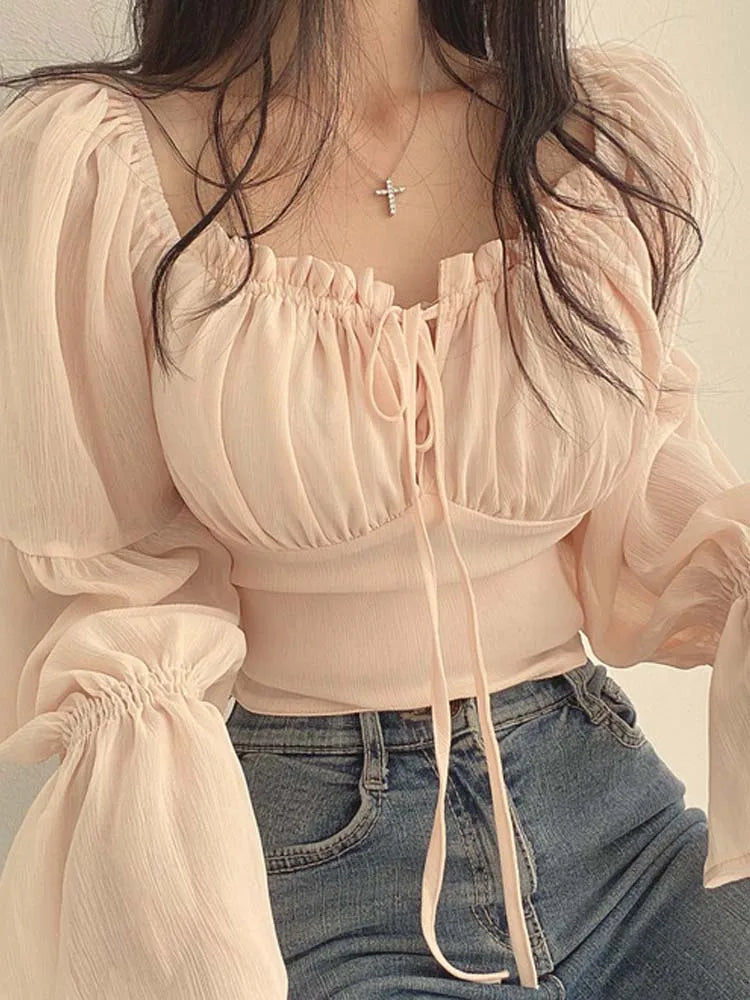 Women Chiffon Blouse Summer Shirt Square Collar Folds Lace Up Waist Tops Korean Fashion Flare Sleeve Elegant Blouses Femme