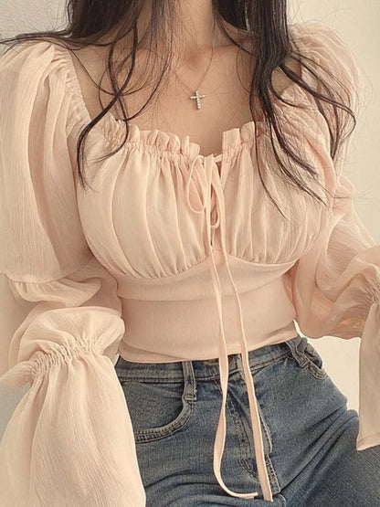 Women Chiffon Blouse Summer Shirt Square Collar Folds Lace Up Waist Tops Korean Fashion Flare Sleeve Elegant Blouses Femme