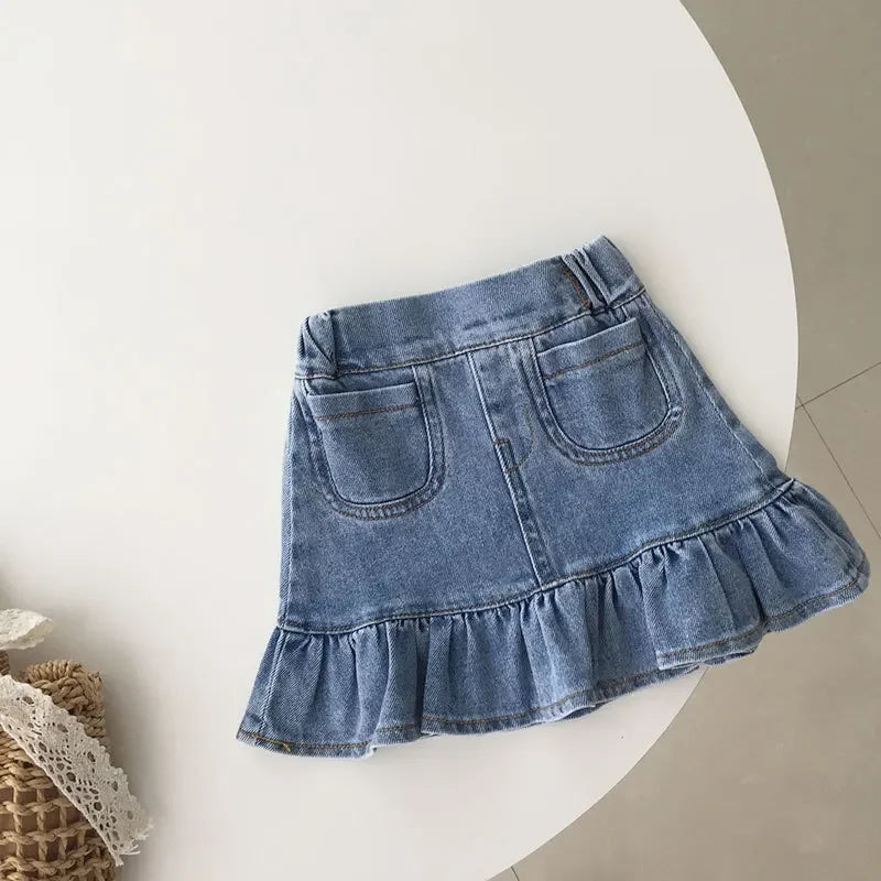 2024 Children Girls Seersucker Short-sleeved T-shirt + Denim Skirt Summer Ruffled Fishtail Jean Skirt 2 Pcs Clothing Sets