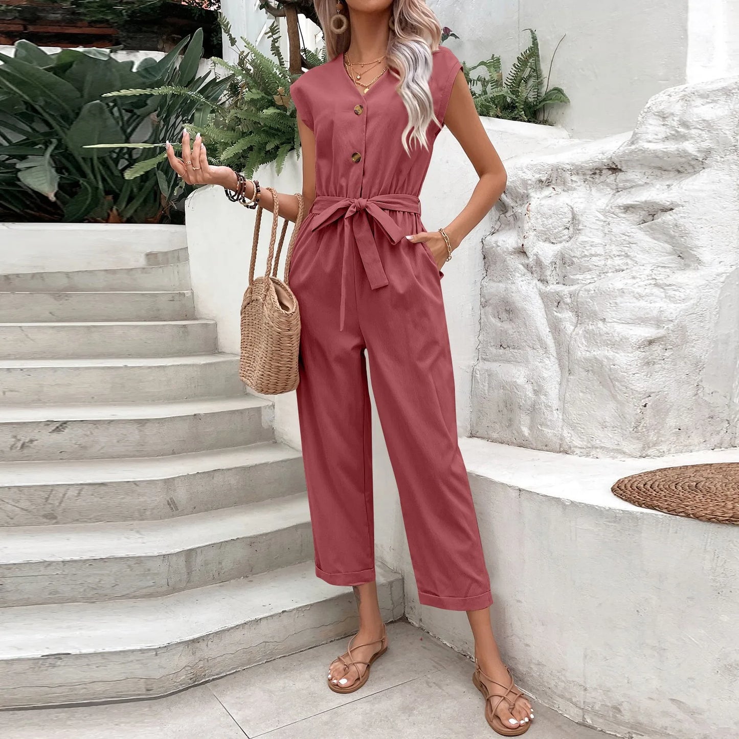 Summer Fashion Short Sleeve Jumpsuit Women Loose Cropped Pants Jumpsuit Women's Solid Color Casual V-neck Jumpsuit vestidos para