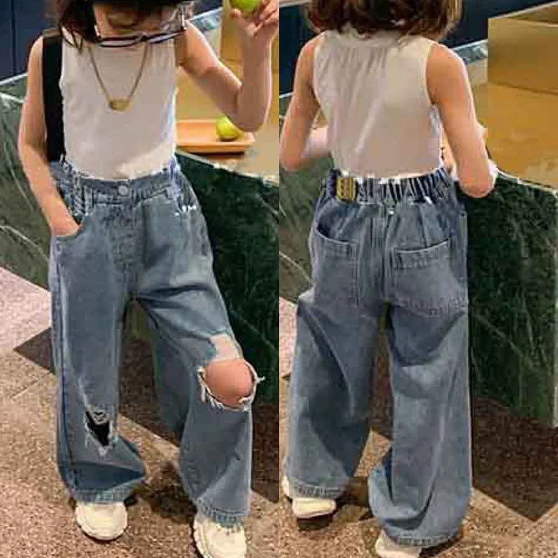 MILANCEL New Autumn Kids Jeans Girls High Waisted Wide Leg Pants Children Ripped Trousers