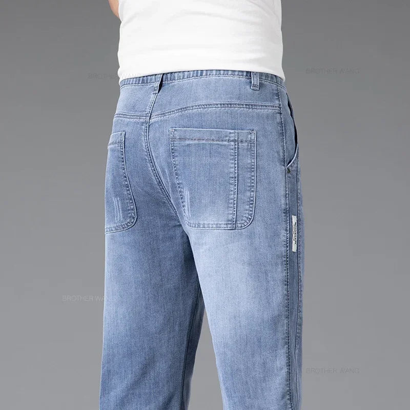 Summer Thin Men's Stretch Baggy Jeans Blue Gray Elastic Waist Business Casual Straight Denim Trousers Classic Style Male