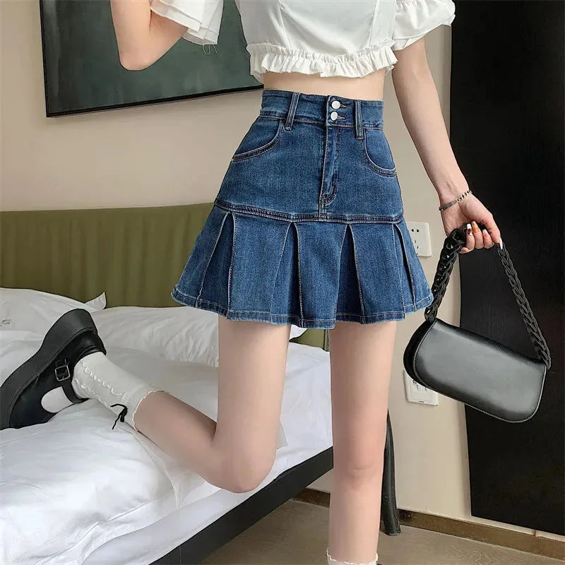 Vintage Blue Denim Pleated Skirt Women Y2K High Waist Ruffle All Match Mini Skirt Ladies Korean Streetwear A Line Jean Skirts