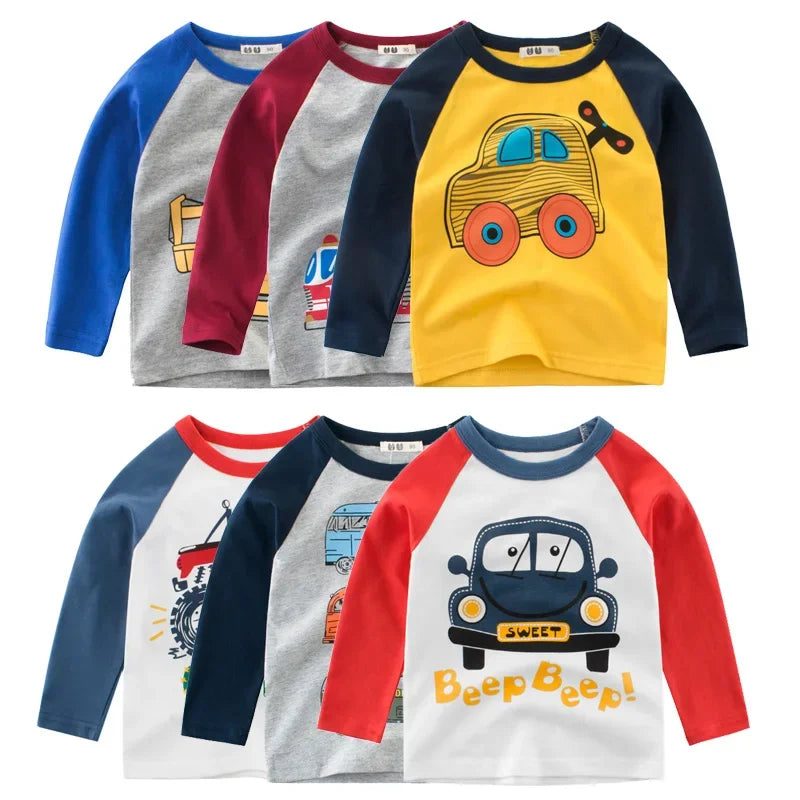 2024 Autumn T Shirt Cartoon Car T-shirt Boys Girls Baby Kids Clothes Cotton Long Sleeve Top for Boy Children's Clothing 2-9 Year