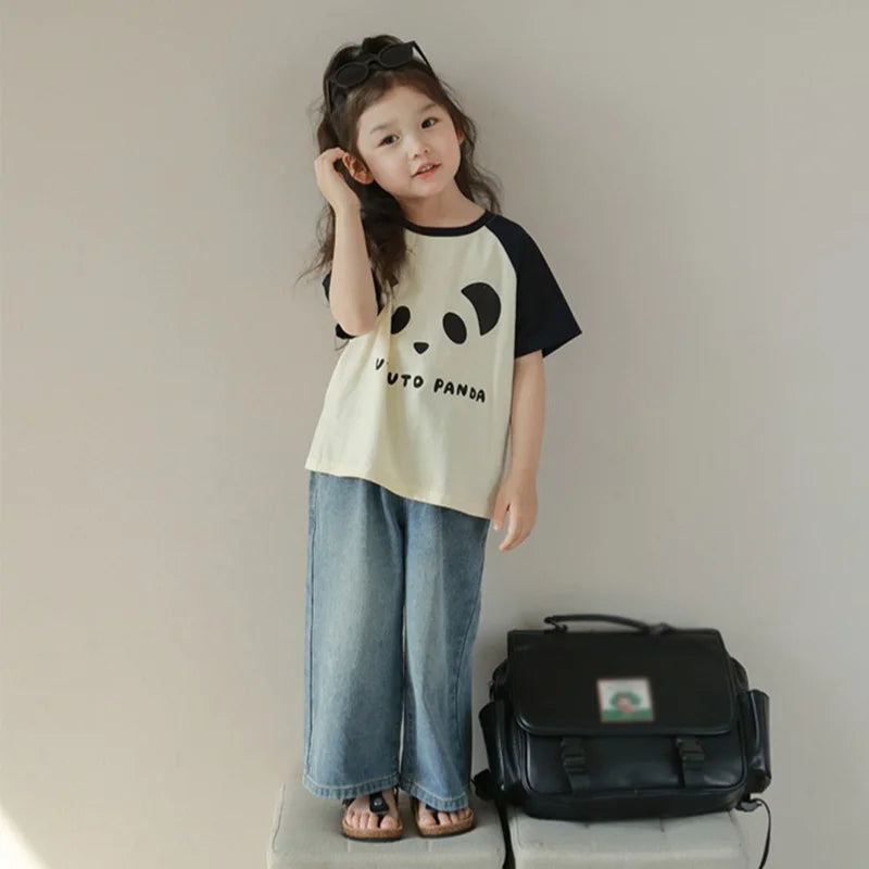 Kids High Waist Wide-Leg Jeans for 3-8Y Girls Solid Multi-Pocket Elastic Waist Jeans Casual Fashion Kids Denim Trousers