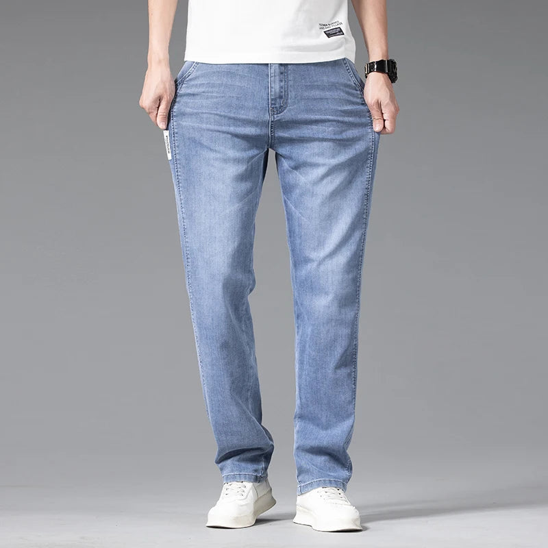 Summer Thin Men's Stretch Baggy Jeans Blue Gray Elastic Waist Business Casual Straight Denim Trousers Classic Style Male