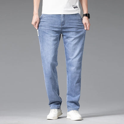 Summer Thin Men's Stretch Baggy Jeans Blue Gray Elastic Waist Business Casual Straight Denim Trousers Classic Style Male