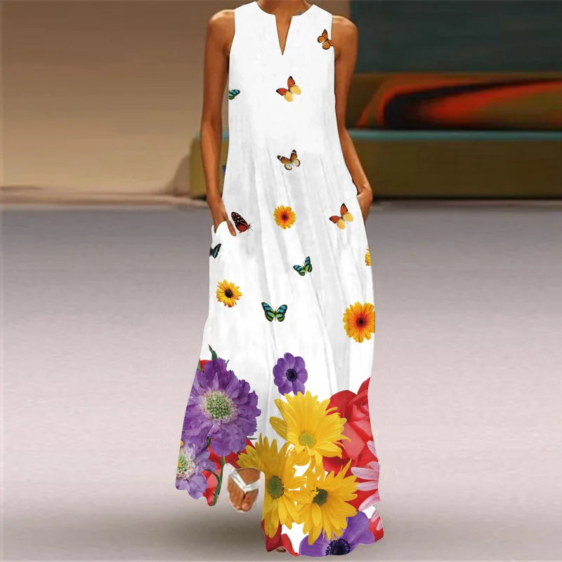 Fashion V-Neck Printed Sleeveless Women Maxi Dress Summer Casual Loose Straight Beach Long Dresses Ladies Sundress Lady Vestidos