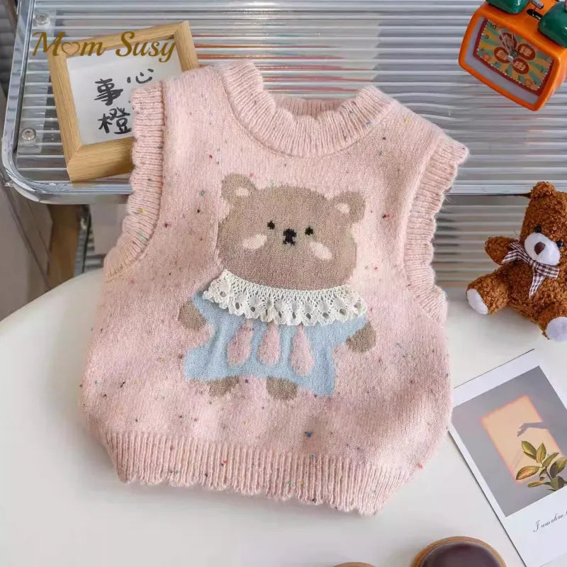 Baby Girl Cartoon Knitted Sweater Vest Infant Toddler Child Waistcoat Knitwear Sleeveless Spring Autumn Baby Clothes 1-7Y