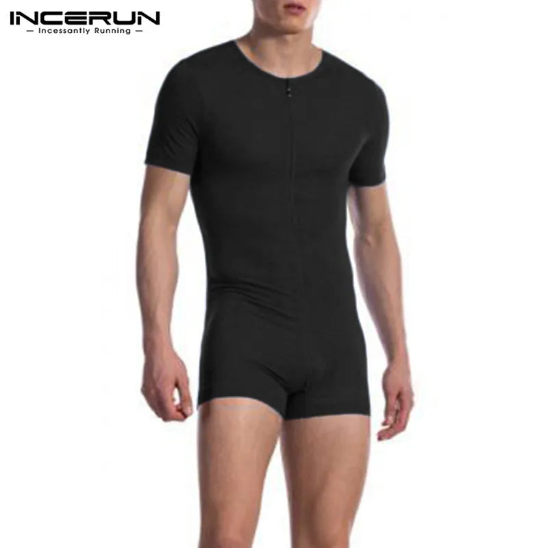 INCERUN 2024 Men Pajamas Rompers Solid Short Sleeve V Neck Zipper Cozy Sleepwear Playsuits Fitness Leisure Men Jumpsuit Homewear