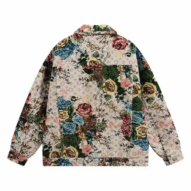 Varsity Denim Jacket Man Women Casual Flower Jacquard Cowboy Jackets Oversized Spring Autumn Unisex Coats Retro Cargo Outwear