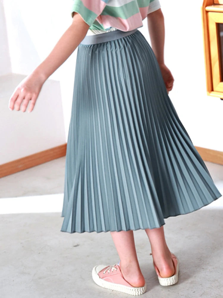 Summer 2024 Girls Long Pleated Skirt Solid Casual All-match Skirt for Kids 12 13 14 Years Trendy Teens Students Children Skirts