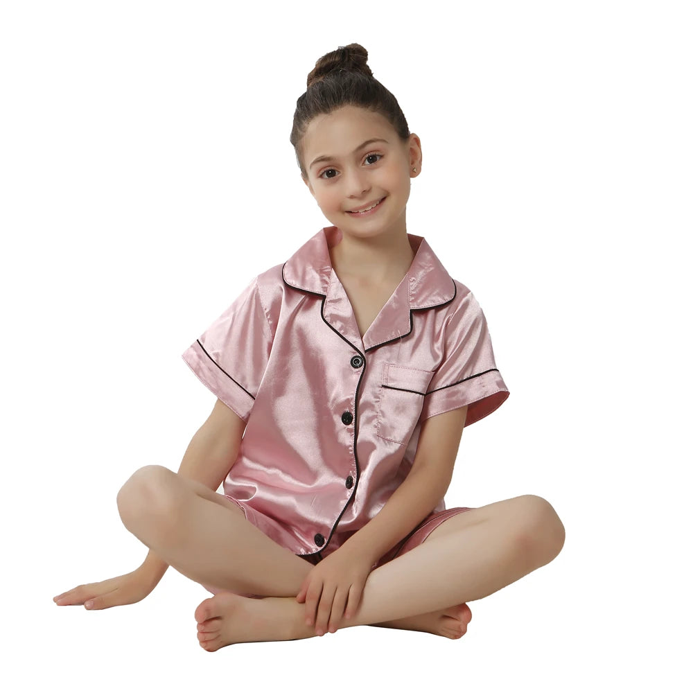 2 4 6 8 10 12 14 Years Children Pajamas Satin Silk Summer Toddler Boys Girls for Teens Pink Kids Pijamas Short Sleeve Pyjama Set