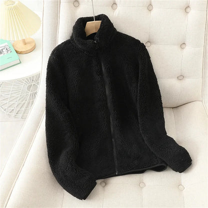 Women's Solid Color Fleece Coat Autumn Winter Warm Zipper Hoodie Loose Stand Collar Jacket Fashion Casual Elegant Ladies Clothes