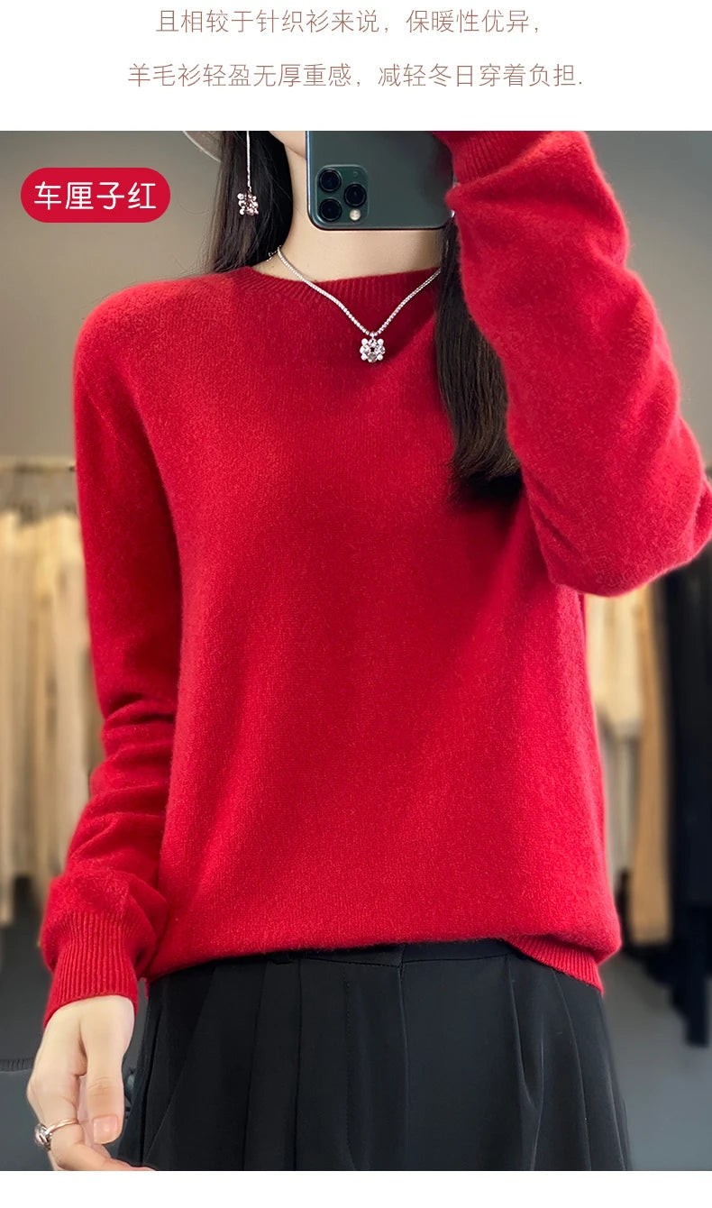 Women 100% Pure Merino Wool Knitted Sweater Autumn Winter Fashion O-Neck Pullover Seamless Jumper Tops Cashmere Warm Clothes