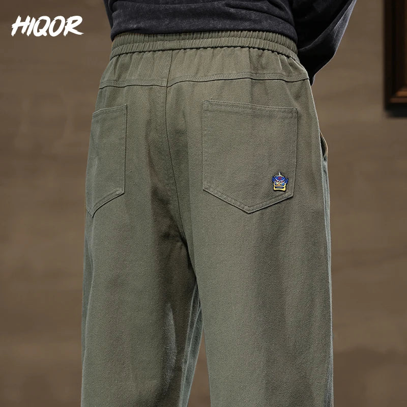 HIQOR Men Casual Pants Fashion Jogger Pant Loose Straight Wide Leg Trousers Cotton Vintage Cargo Pants Man Solid Streetwear Men