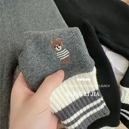 Autumn Winter Girls Leggings Fleece Thickened Striped Hem Children Girls Underwear Pants Kids Girls One-piece Fleece Pants