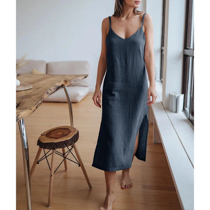 Muslin 100% Cotton Gauze Women'S Dress Sexy Adjustable Strap Sleeveless Open Side Maix Long Dress Summer Comfortable Outfit