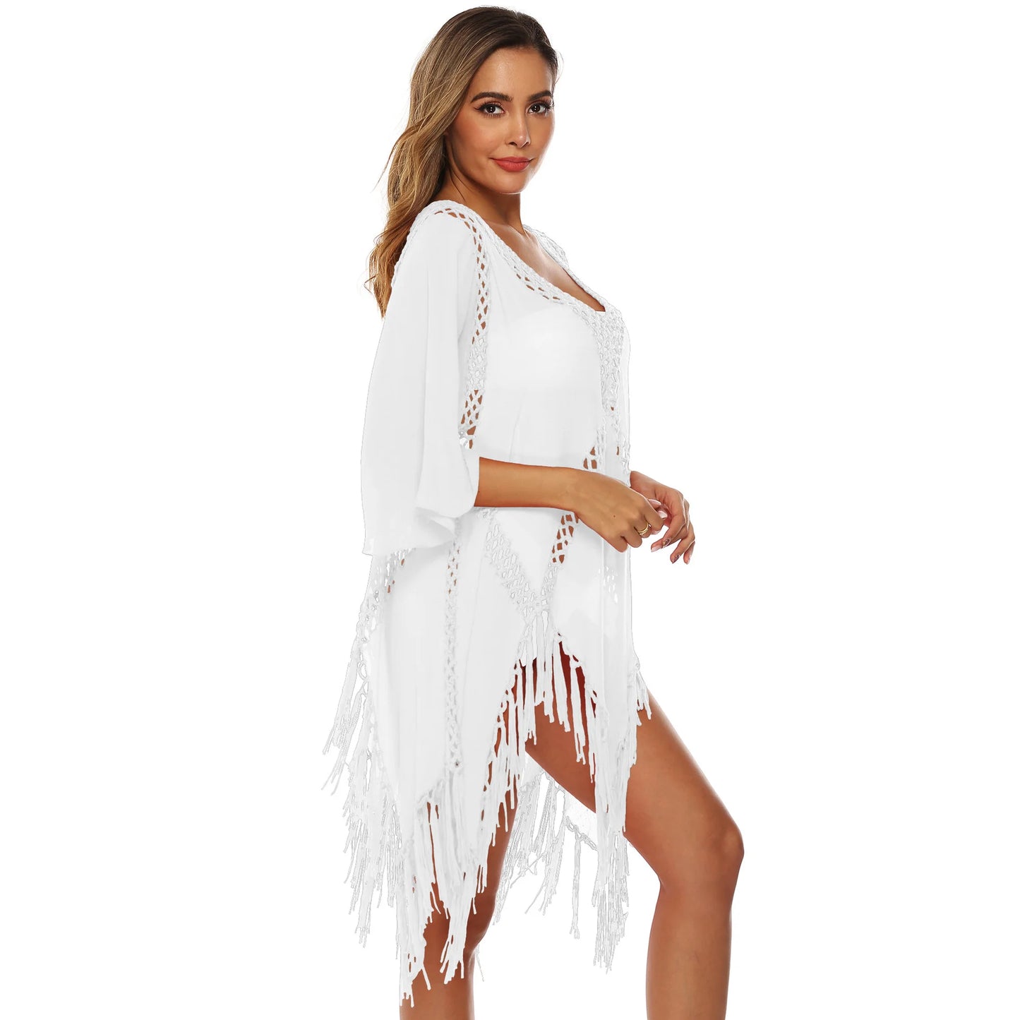 CROCHET BIKINI Backless Cover Up With Tassels Sexy V-neck Halter Beach Dress Women Summer Bathing Suit Beachwear