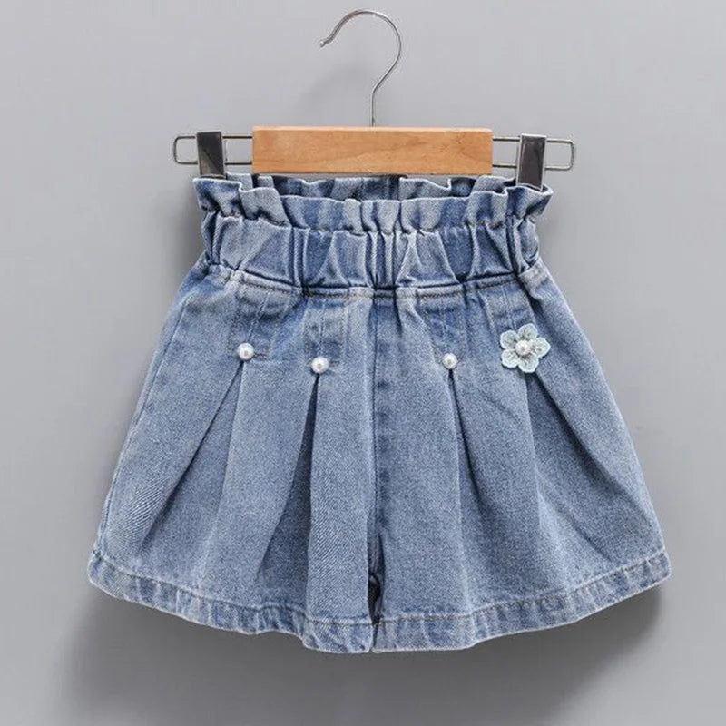 Kids Fashionable Patchwork Rainbow Flowers Jeans Back Dual Pockets Design Summer Thin Girls' Beaded Wide Leg Loose Short Pants