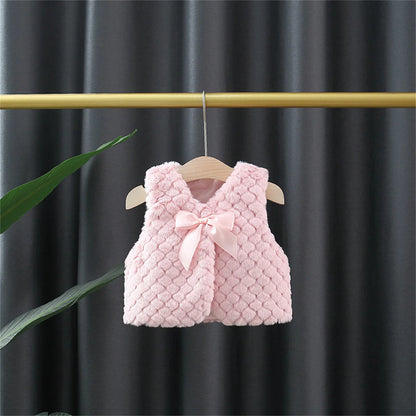 Spring And Winter New Female Baby Waistcoat Short Sleeved Solid Color Plaid Bow V-Neck Sweet Top All Match Coat