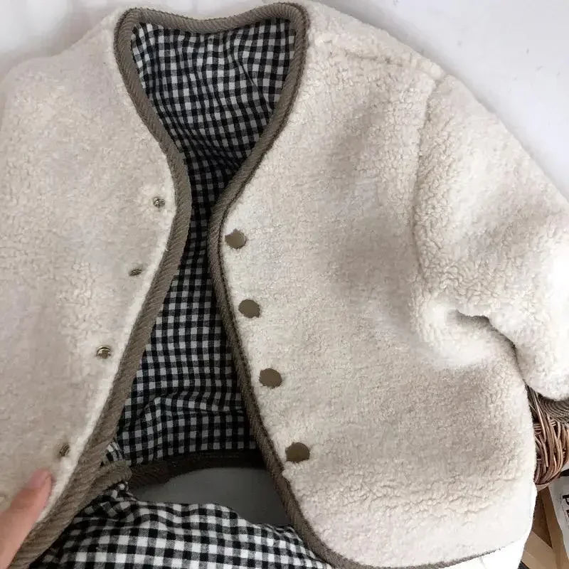 Autumn and Winter Children's Outerwear Sweater, Thickened Lamb Wool Outerwear, Casual and Cute Warm Girl Cotton Jacket