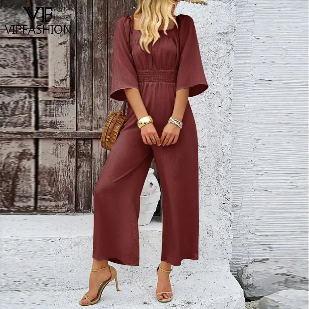 VIP FASHION Apricot Women Jumpsuits Spring Summer Office Lady Wear Burgundy Dark Brown Folds Casual Suit Wide Leg Pants Clothing