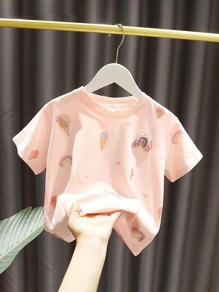 Round Neck Short Sleeved Floral T-shirt Ice Cream Basic Tops Summer Girls Clothes 2-6 Years