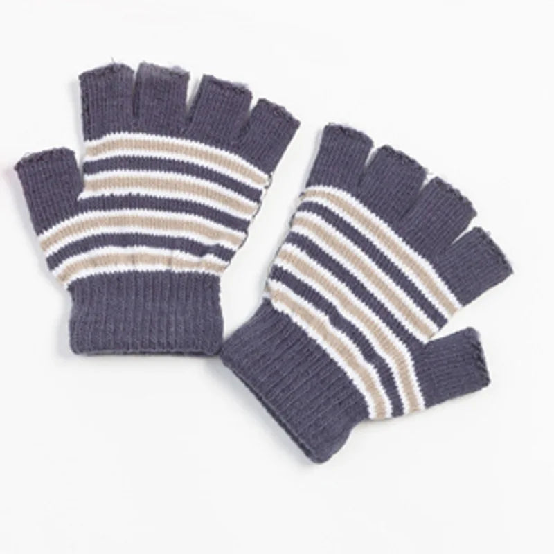 Striped Knitted Thick Warm Gloves Kids Winter Soft Mittens Children Half Finger Gloves 7-10 Years